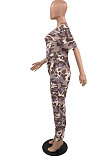 Camouflage Casual V Neck Short Sleeve Wide Leg Jumpsuits OH8080