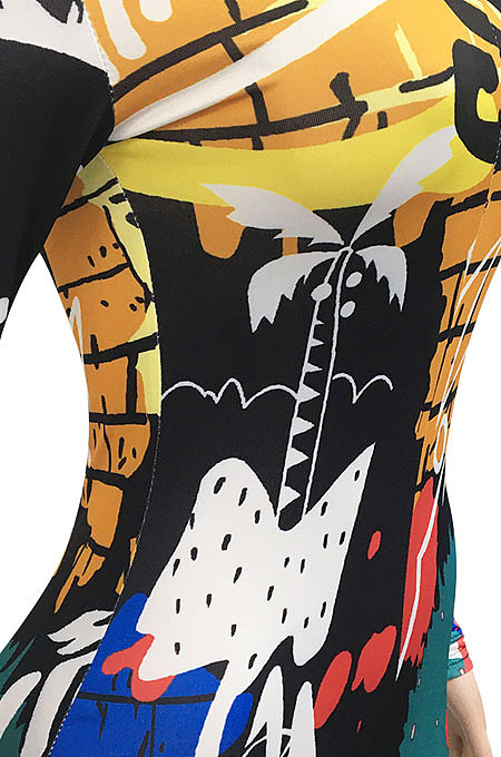 Blue Euramerican Women Digital Printing Long Sleeve Round Neck Mini Dress XZ5159-3