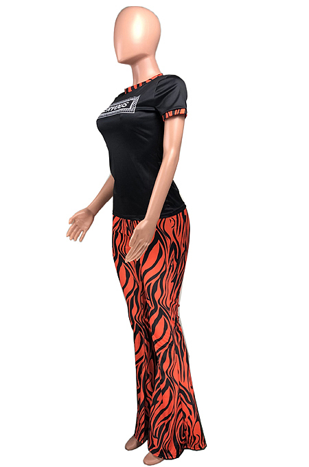 Red Casual Round Neck Letter Print Short Sleeve Mid Waist Long Flare Pants Sets YMT6213-2