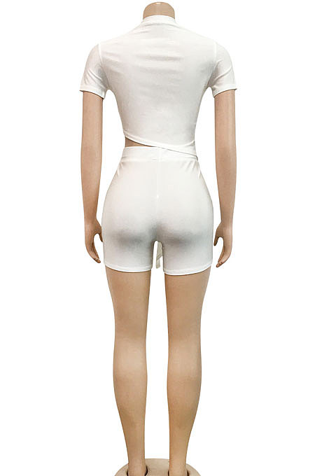 White Sexy Irregularity Round Neck Ruffle Short Sleeeve Solid Color Shorts Sets XZ5117-1