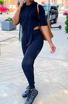 Black Solid Color Personality Hoodie Half Sleeve Top Tight Long Pants Sports Sets LM88802-1