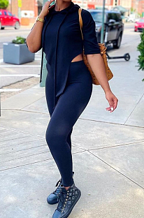 Black Solid Color Personality Hoodie Half Sleeve Top Tight Long Pants Sports Sets LM88802-1