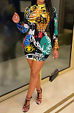Blue Euramerican Women Digital Printing Long Sleeve Round Neck Mini Dress XZ5159-3