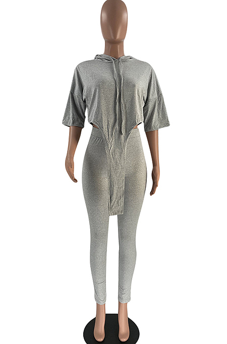 Aqua Blue Solid Color Personality Hoodie Half Sleeve Top Tight Long Pants Sports Sets LM88802-2