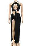 Black Sexy Sleeveless Cross Condole Blet Bandage Split Solid Color Skirts Sets XZ5155-1
