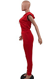 Red Casual Hoodie Sleeveless With Pocket Drawstring Long Pants Sports Two Piece OH8081
