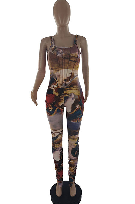 Violet Print Fshion U Neck Hip Raising Tank Bodycon Jumpsuits SQ90075-2
