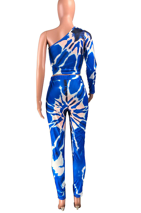 Blue Contrast Color Oblique Shoulder One Sleeve Long Skirts Sets YMT6214-2