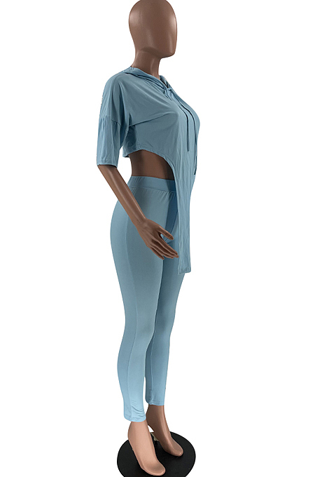 Black Solid Color Personality Hoodie Half Sleeve Top Tight Long Pants Sports Sets LM88802-1