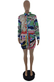 Red Positioning Print Lapel Neck Loose Long Sleeve Casual Shirt Dress SQ963-2