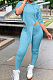 Aqua Blue Solid Color Personality Hoodie Half Sleeve Top Tight Long Pants Sports Sets LM88802-2