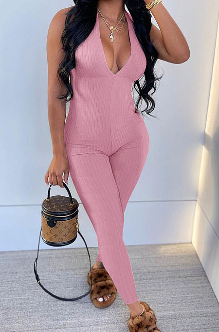White Pure Color RIidder Halter Neck Bandage V Collar Sexy Backless Bodycon Jumpsuits LML251-5