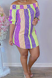 Pink Yellow Sexy Fashion Off Shoulder Irregularity Colorful Mini Dress K2145-4