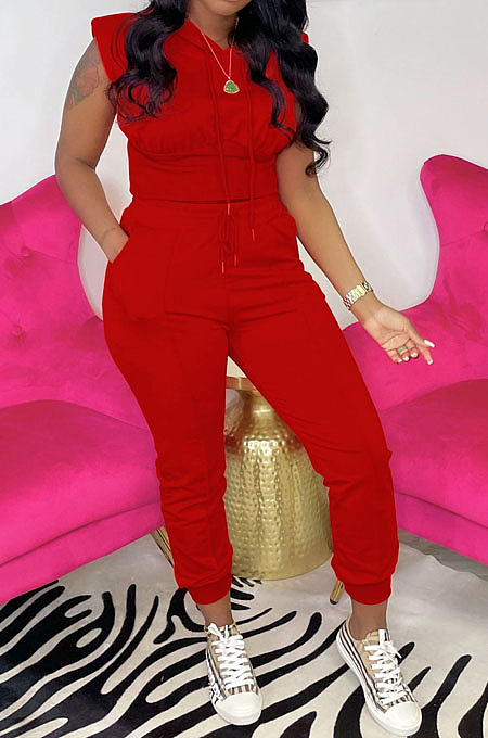 Red Casual Hoodie Sleeveless With Pocket Drawstring Long Pants Sports Two Piece OH8081