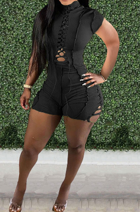 Green Women Bandage Short Sleeve Hollow Out Romper Shorts LD81019-1