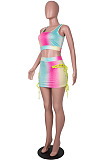 Orange Yellow Digital Print Tie Dye U Neck Tank Hollow Out Eyelet Bandage Short Skirts Sets SZS8145-2