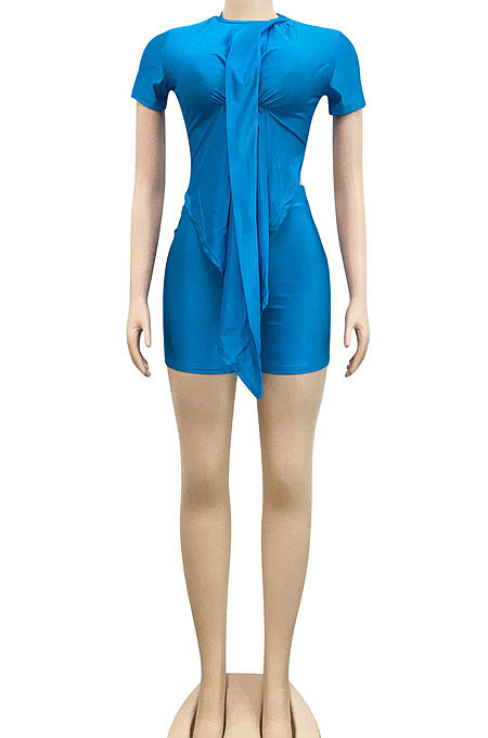 Yellow Sexy Irregularity Round Neck Ruffle Short Sleeeve Solid Color Shorts Sets XZ5117-2