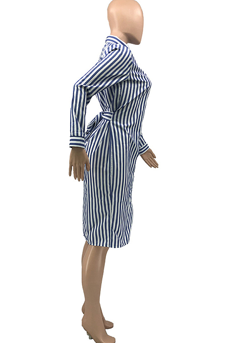 Blue Summer Lapel Neck Button Stripe Loose Stripe Shirt Dress KY3088-2