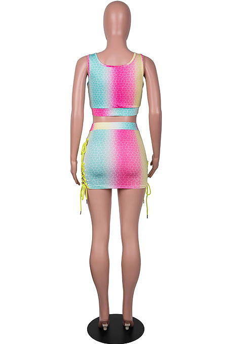 Orange Yellow Digital Print Tie Dye U Neck Tank Hollow Out Eyelet Bandage Short Skirts Sets SZS8145-2