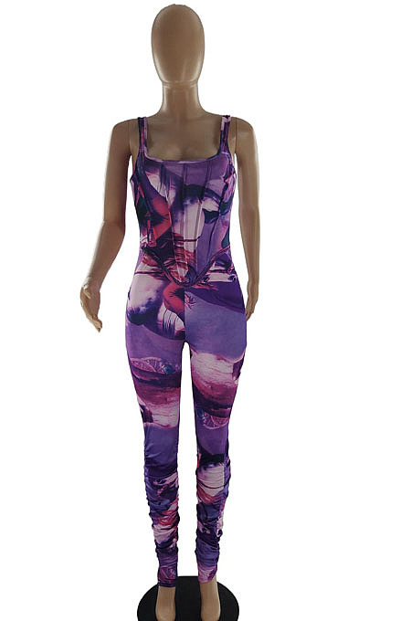 Violet Print Fshion U Neck Hip Raising Tank Bodycon Jumpsuits SQ90075-2