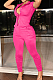 Rose Red Linen Lapel Neck Short Sleeve Shirt Long Pants Pure Color Casual Two Piece LML253-2