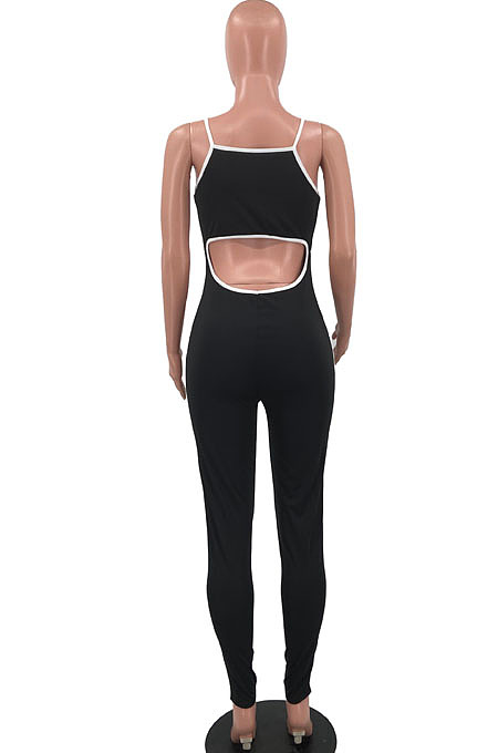 Black Summer Condole Belt Tank Back Hollow Out Sexy Long Pants Jumpsuits OH8085