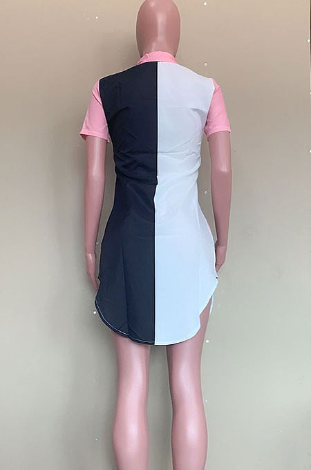 White Black Women Positioning Button Tailored Collar Short Sleeve T Shirt/Shirt Dress ASM6128