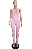 Grey Pure Color RIidder Halter Neck Bandage V Collar Sexy Backless Bodycon Jumpsuits LML251-1