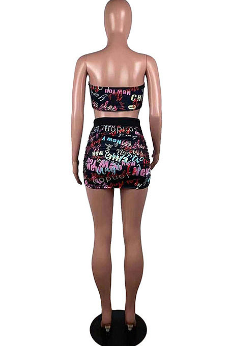 Neon Green Digital Letter Print Strapless Drawstring Backless Short Skirts Sets SZS8050-1