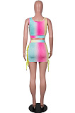 Rose Red Digital Print Tie Dye U Neck Tank Hollow Out Eyelet Bandage Short Skirts Sets SZS8145-1
