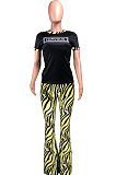 White Casual Round Neck Letter Print Short Sleeve Mid Waist Long Flare Pants Sets YMT6213-1