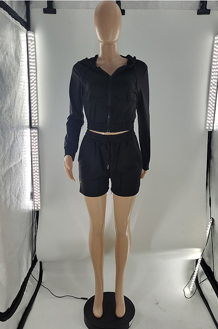 Black Solid Color Zipper Hooded Long Sleeve Drawstring Sports Shorts Sets SQ90077-2