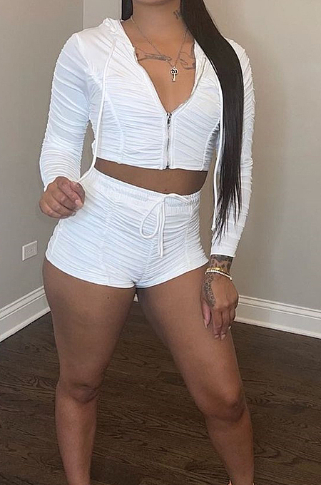 Yellow Ruffle Pure Color Hooded Zipper Long Sleeve Crop Top  Drawstring Shorts Sports Sets LM88801-2