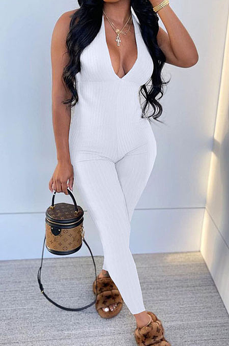 Pink Pure Color RIidder Halter Neck Bandage V Collar Sexy Backless Bodycon Jumpsuits LML251-2