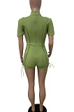 Green Women Bandage Short Sleeve Hollow Out Romper Shorts LD81019-1