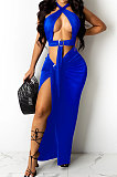 Blue Sexy Sleeveless Cross Condole Blet Bandage Split Solid Color Skirts Sets XZ5155-2