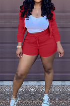 Red Solid Color Zipper Hooded Long Sleeve Drawstring Sports Shorts Sets SQ90077-3