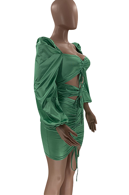 Coffee Glossy Low-Cut Bandage Lantern sleeve Hollow Out Tight Hip Dress LM88812-3