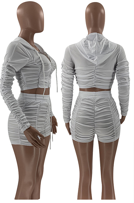 Yellow Ruffle Pure Color Hooded Zipper Long Sleeve Crop Top  Drawstring Shorts Sports Sets LM88801-2