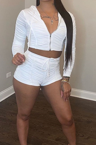 White Ruffle Pure Color Hooded Zipper Long Sleeve Crop Top  Drawstring Shorts Sports Sets LM88801-1