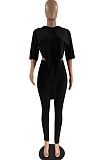 Black Solid Color Personality Hoodie Half Sleeve Top Tight Long Pants Sports Sets LM88802-1