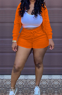 Orange Solid Color Zipper Hooded Long Sleeve Drawstring Sports Shorts Sets SQ90077-1
