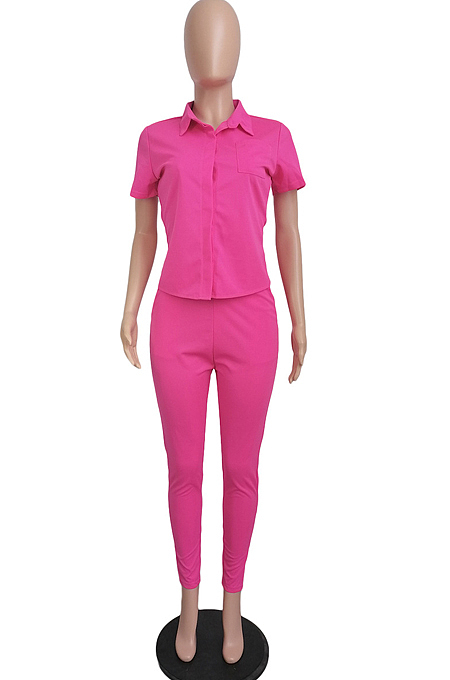 Rose Red Linen Lapel Neck Short Sleeve Shirt Long Pants Pure Color Casual Two Piece LML253-2