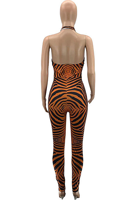 Purple Positioning Print Halter Neck Strapless Hollow Out Backless Bodycon Jumpsuits SZS8030-2