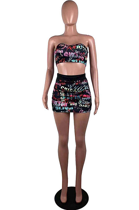Peacock Blue Digital Letter Print Strapless Drawstring Backless Short Skirts Sets SZS8050-3