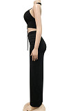 Black Sexy Sleeveless Cross Condole Blet Bandage Split Solid Color Skirts Sets XZ5155-1