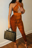 Orange Positioning Print Halter Neck Strapless Hollow Out Backless Bodycon Jumpsuits SZS8030-1