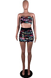 Red Digital Letter Print Strapless Drawstring Backless Short Skirts Sets SZS8050-2