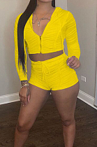 Yellow Ruffle Pure Color Hooded Zipper Long Sleeve Crop Top  Drawstring Shorts Sports Sets LM88801-2