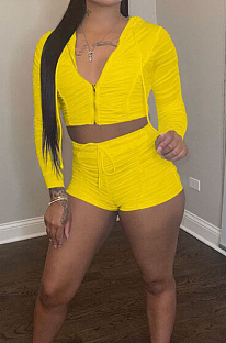 Yellow Ruffle Pure Color Hooded Zipper Long Sleeve Crop Top  Drawstring Shorts Sports Sets LM88801-2
